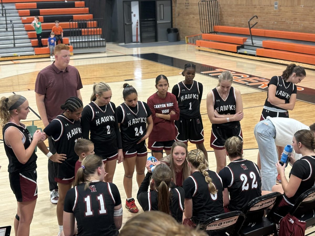 Coach Hammer talking to the girls basketball team during a game.
